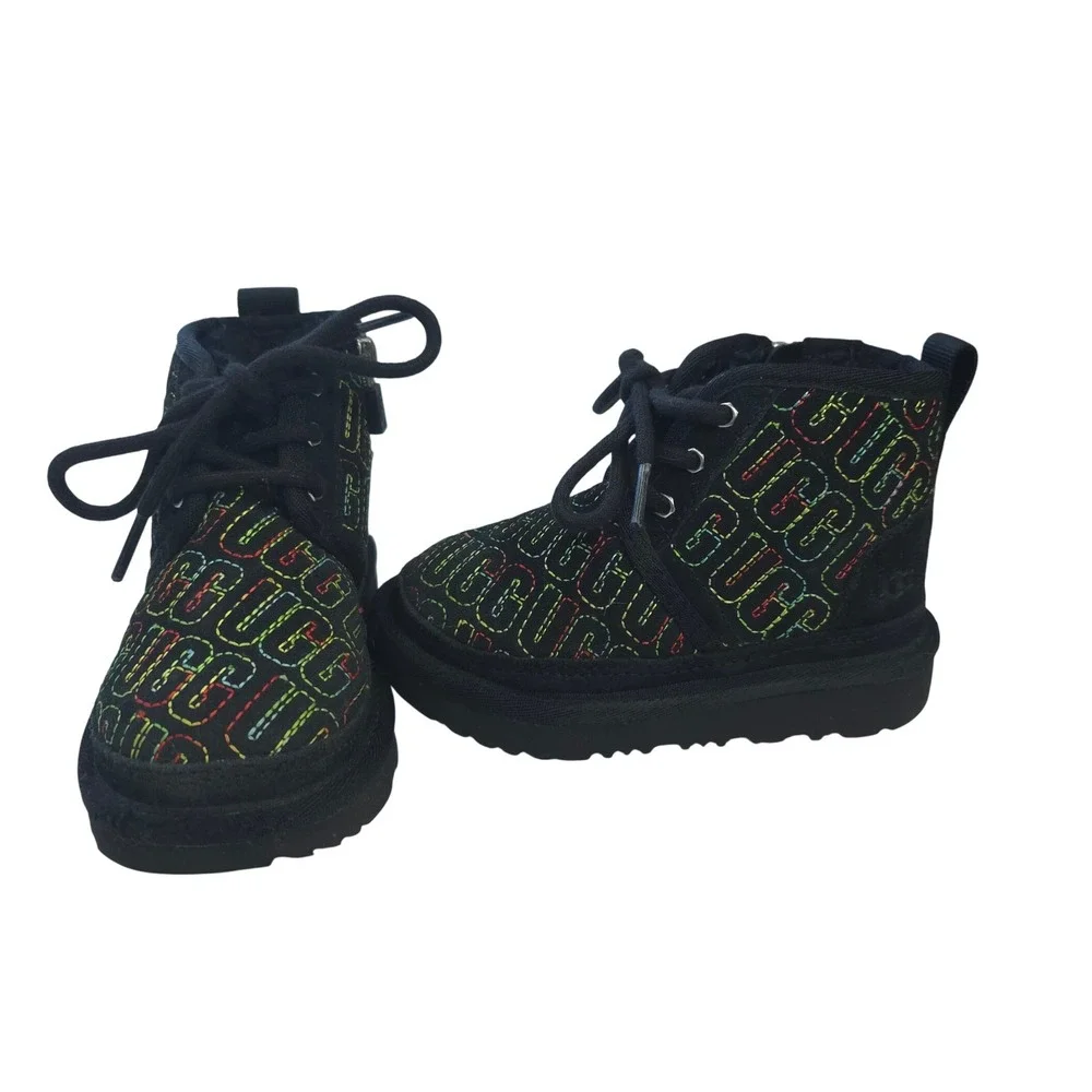 UGG Kids Neumel Rainbow Stitched Logo Black Suede Boots Size 8 Side Zip Colorful